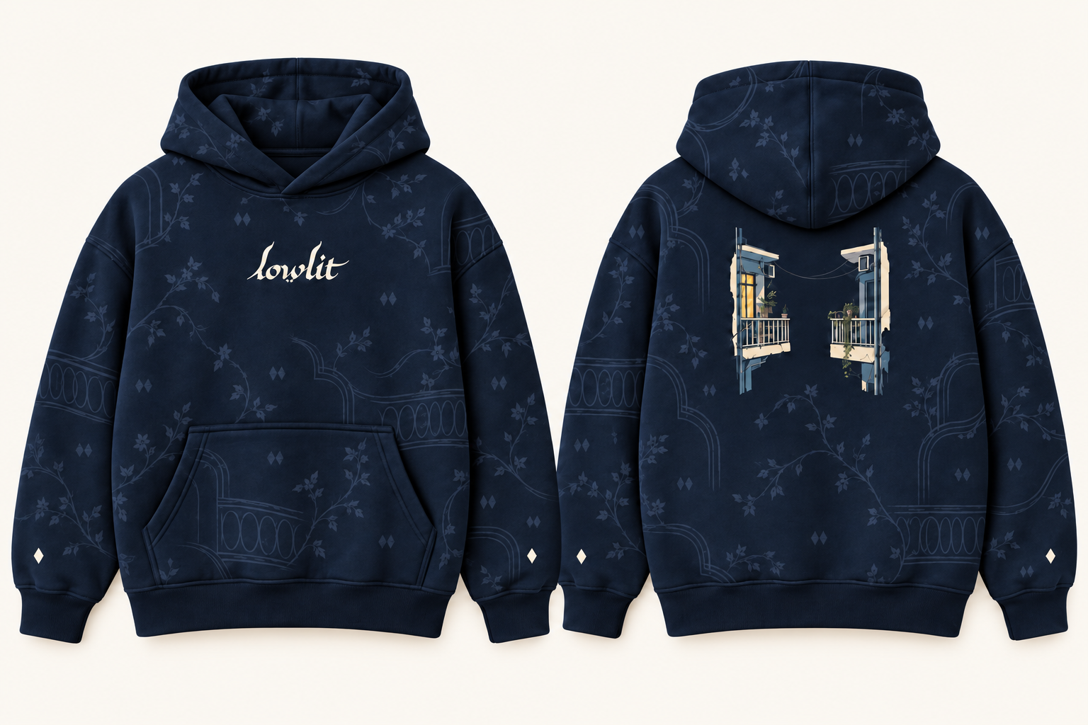 Front and back of the navy LOWLIT hoodie
