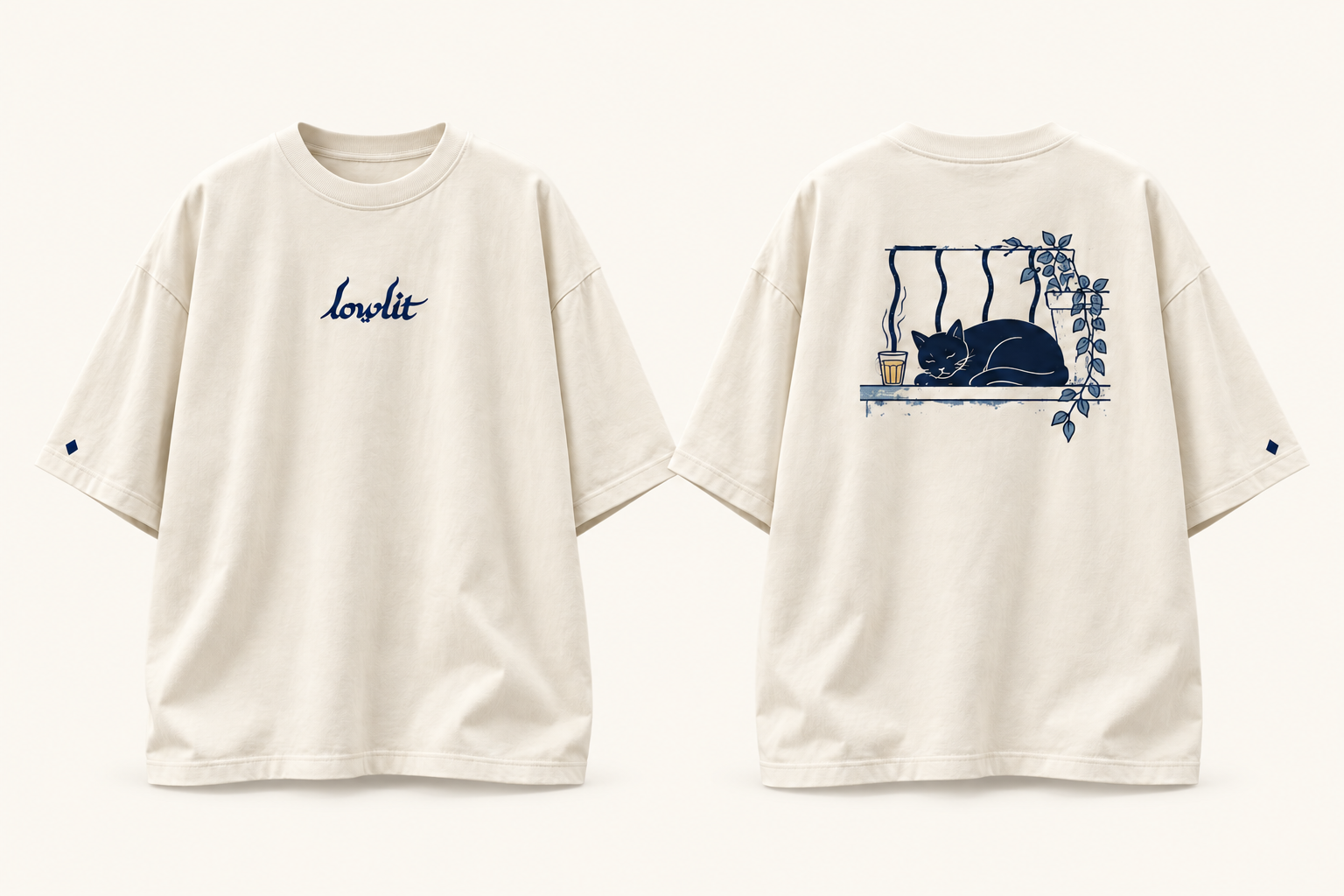 Front and back of the ivory LOWLIT T-shirt